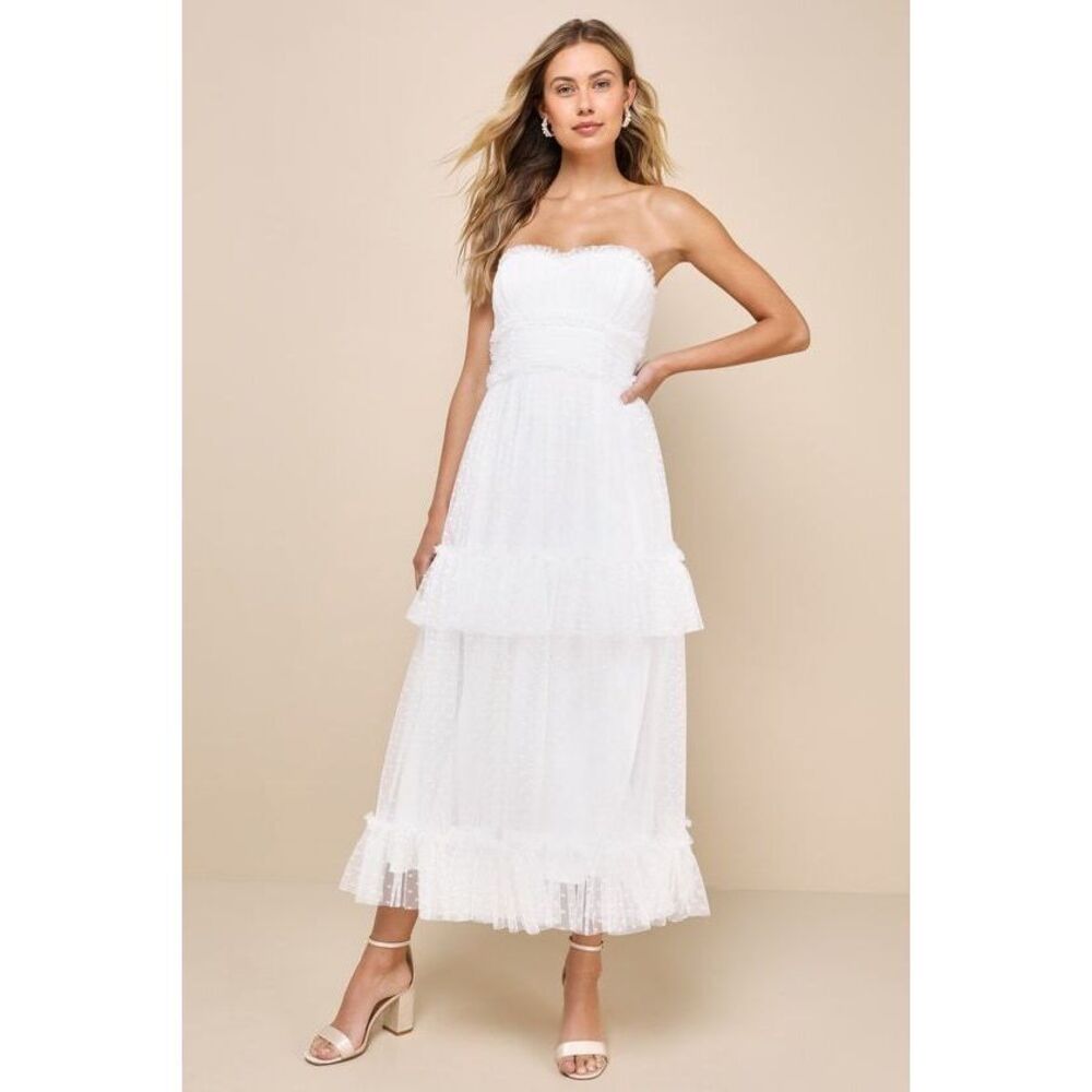 Lulus Delightful Bliss White Mesh Swiss Dot Strapless Midi Dress - Size XL